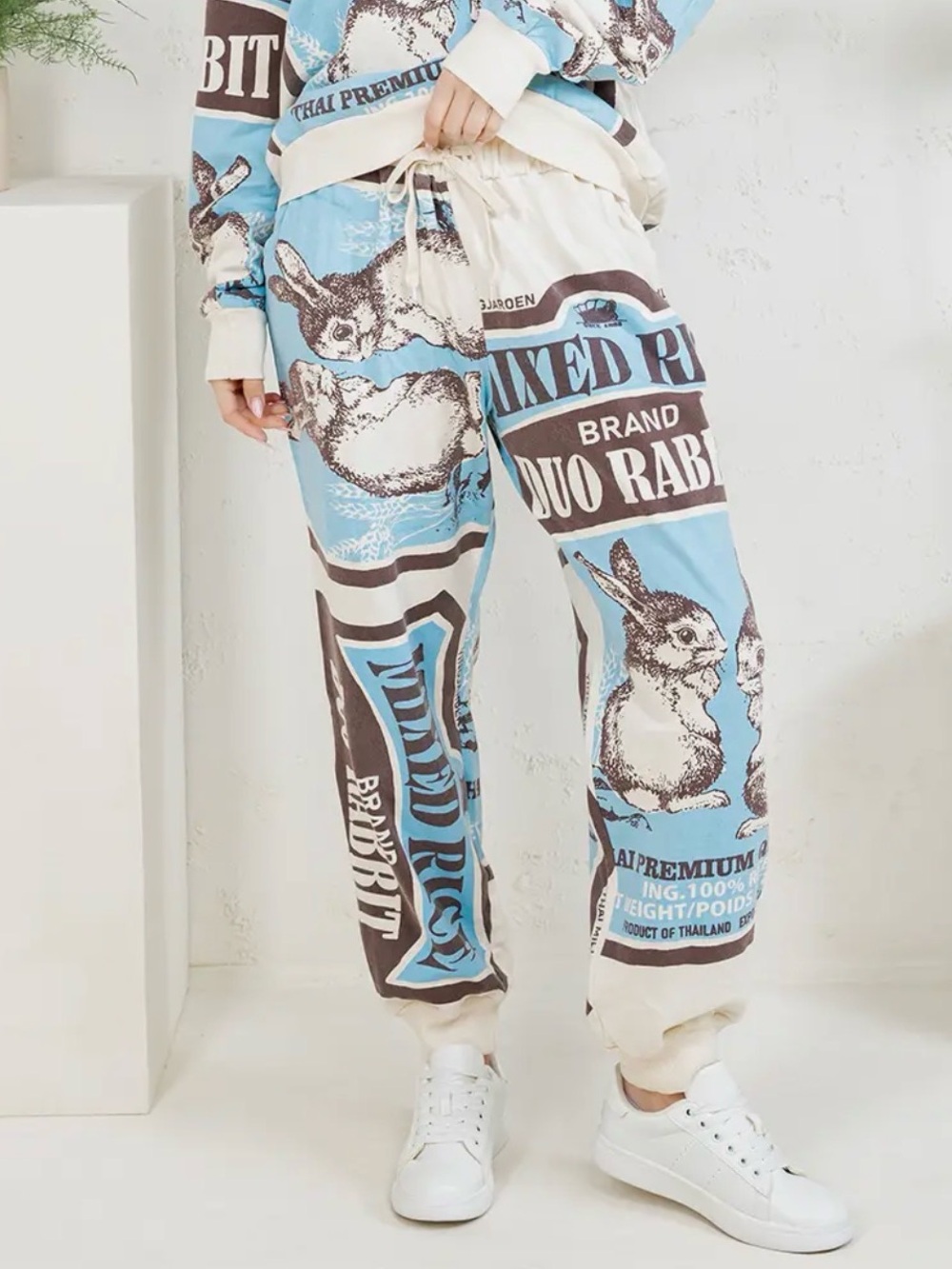 Graphic Bunny Print Jogger Pants in Blue and Cream